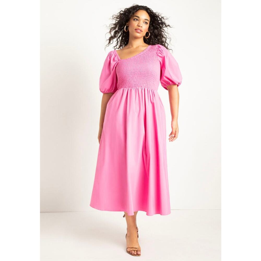 Eloquii Smocked Bodice Asymmetrical Neck Midi Dress - Pink - Plus Size 24